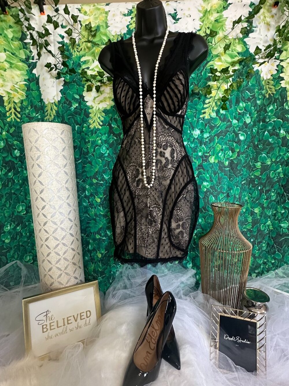 NWOT - Bebe Sheer Lace & Swiss Dot Illusion Bodycon Dress Sz SM